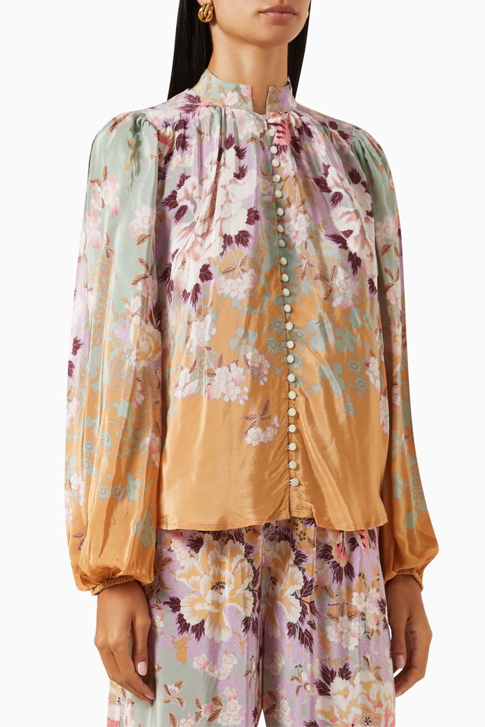 

Floral-print Buttoned Blouse in Viscose Satin, Purple