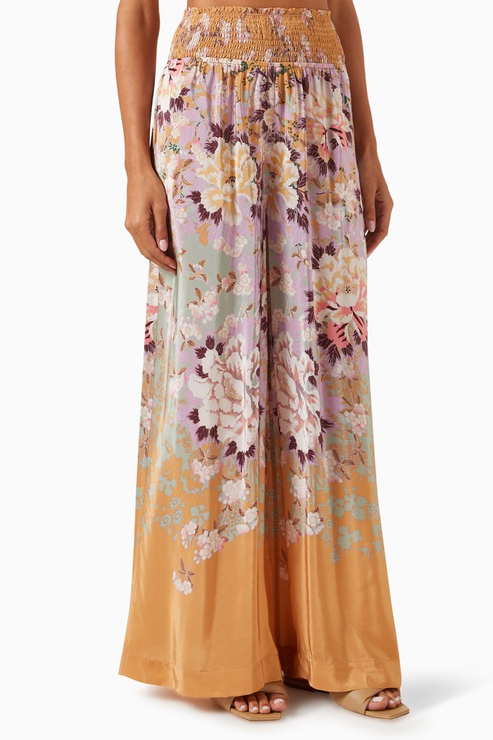 

Floral-print Wide-leg Trousers in Viscose Satin, Purple