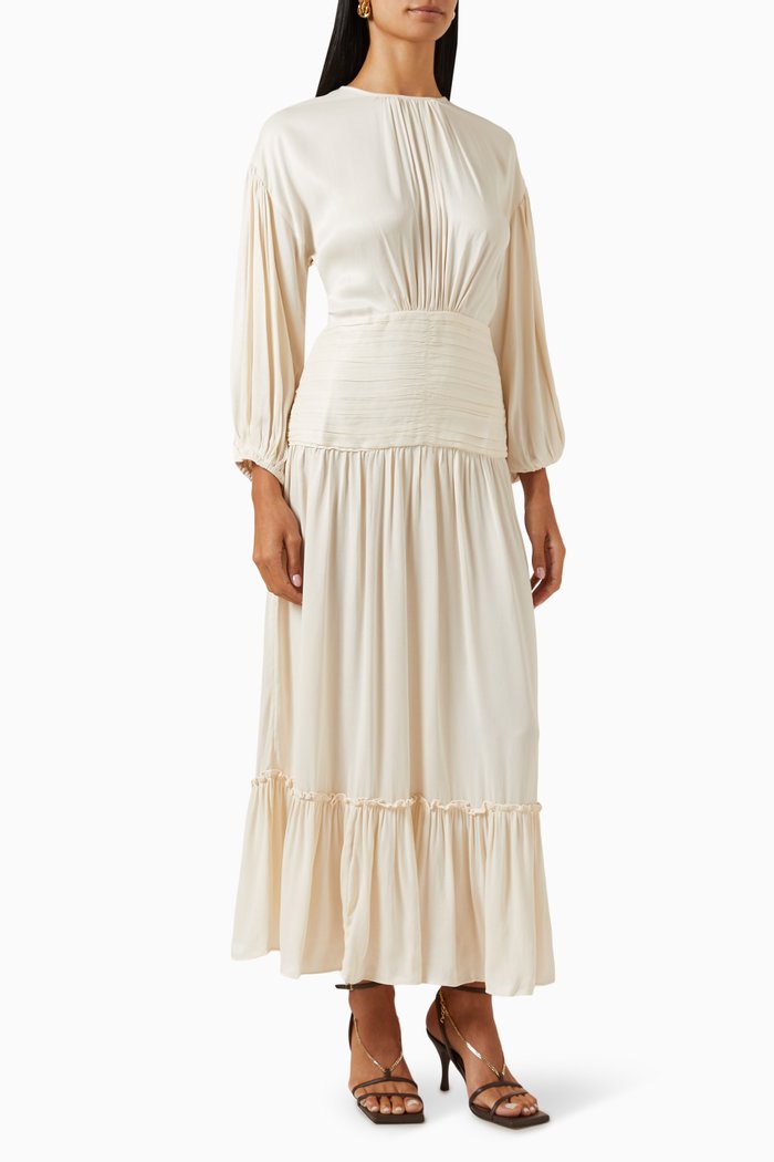 

Ruched Midi Dress in Crepe Satin, Neutral