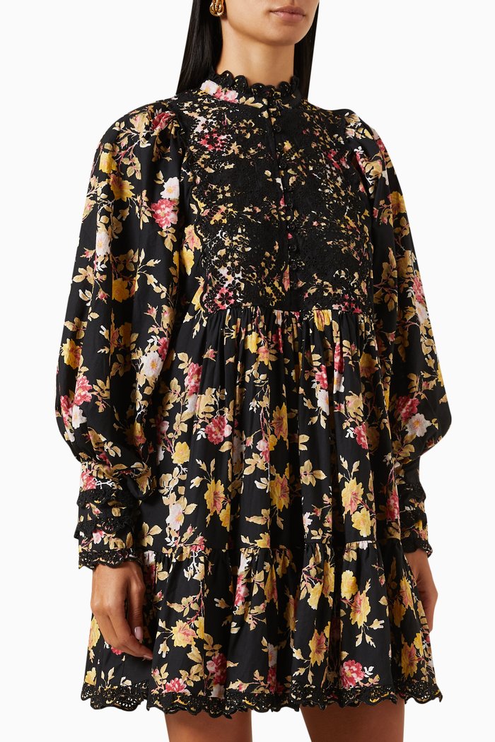 

Floral-print Shift Mini Dress in Cotton-poplin, Black