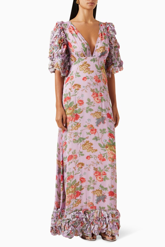 

Floral-print Ruffled Maxi Dress in Georgette, Purple
