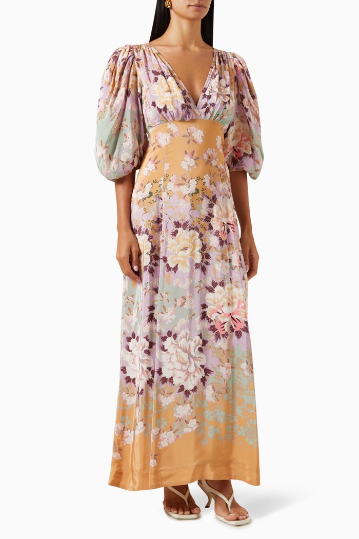 

Floral-print V-neck Midi Dress in Viscose Satin, Purple