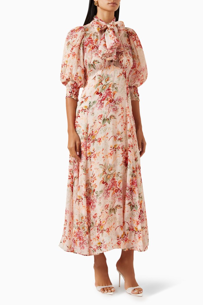 

Floral-print Midi Dress in Organza, Pink