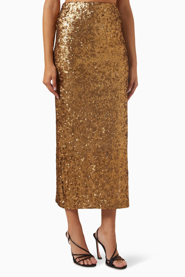 

Pencil Midi Skirt in Sequins, Gold