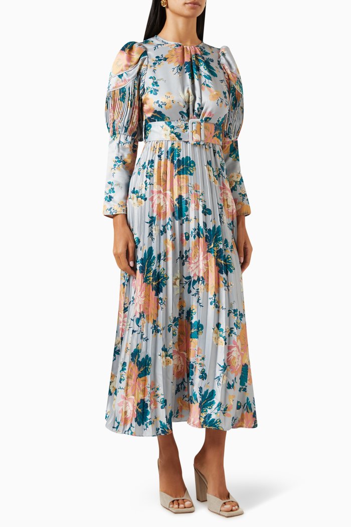 

Floral-print Midi Dress in Plissé Fabric, Blue
