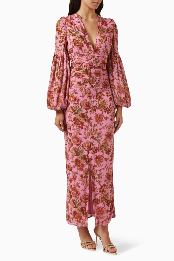 

Golden Ruched Maxi Dress in Georgette, Pink