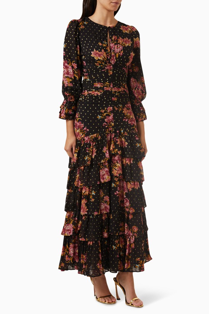 

Golden Ruffled Maxi Dress in Georgette, Black