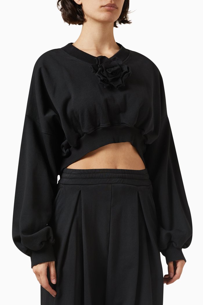 

Ruffle Flower Crop Sweatshirt in Cotton, Black
