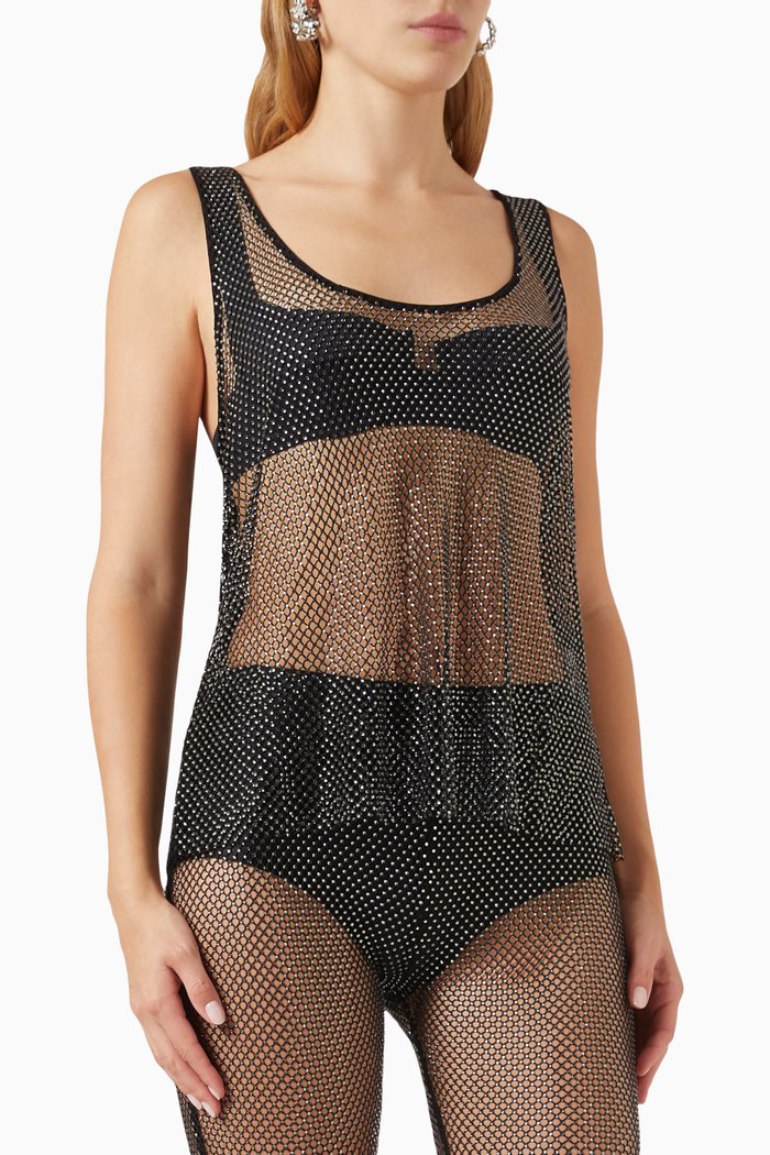

Rhinestone-embellished Tank Top in Mesh, Black