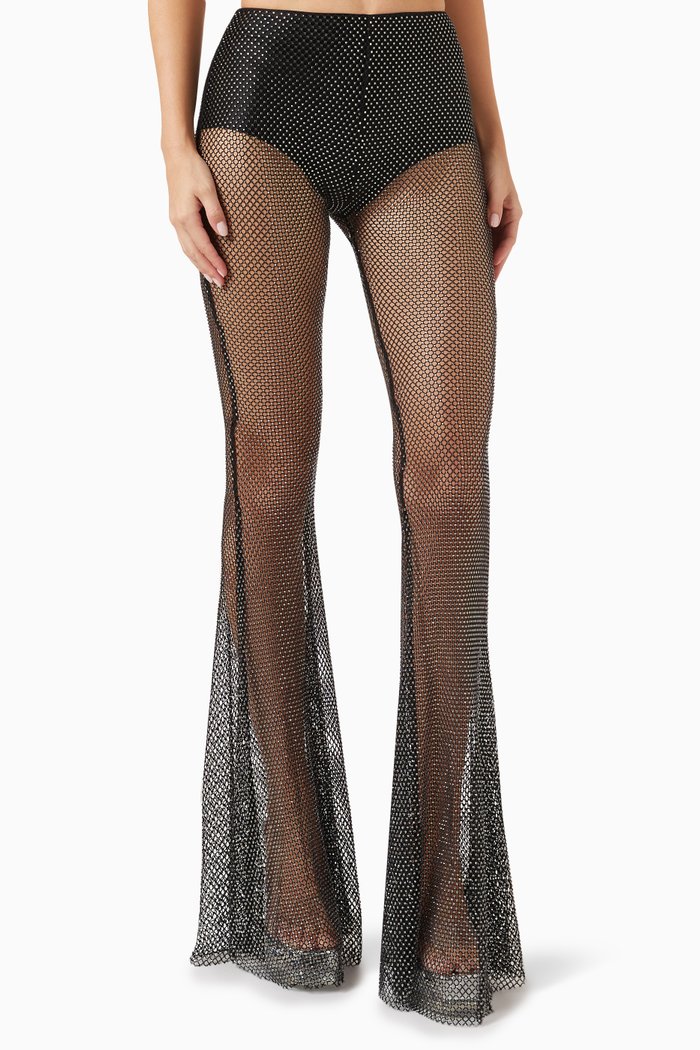 

Rhinestone-embellished Flared Pants in Mesh, Black