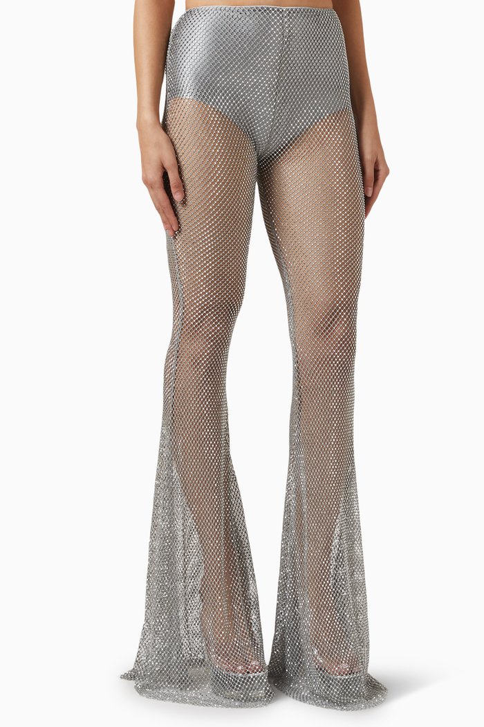 Rhinestone-embellished Flared Pants in Mesh, Silver