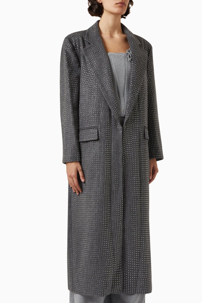 

Rhinestone-embellished Longline Coat in Wool, Grey