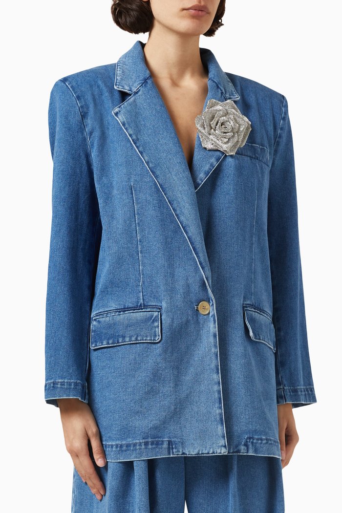 

Rhinestone-embellished Flower Brooch Jacket in Denim, Blue