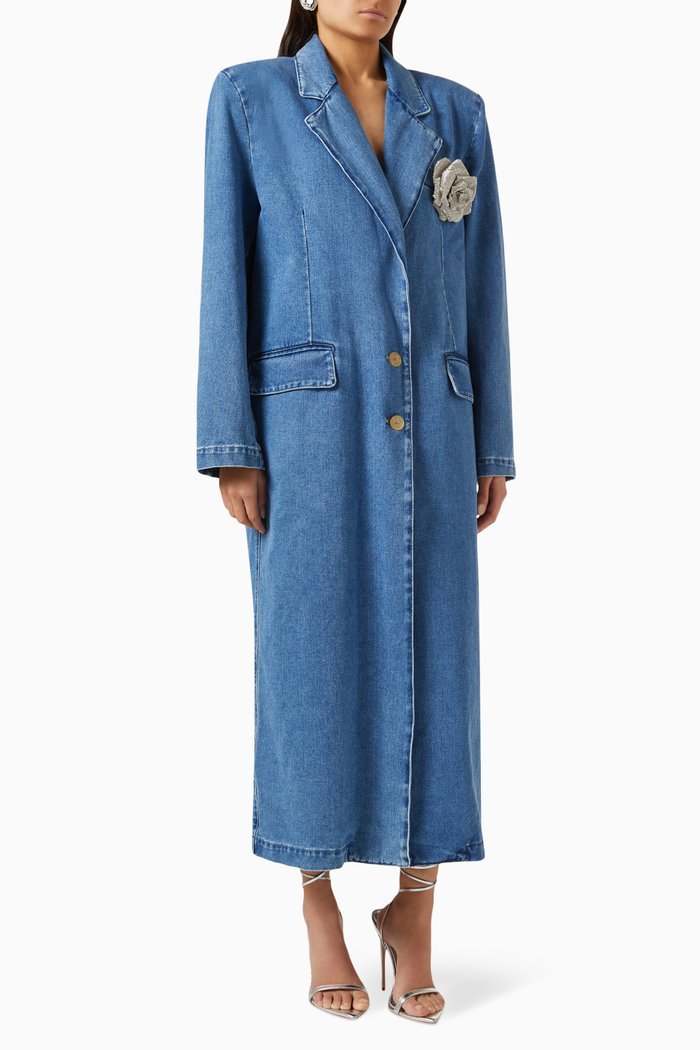 

Crystal-embellished Brooch Coat in Denim, Blue