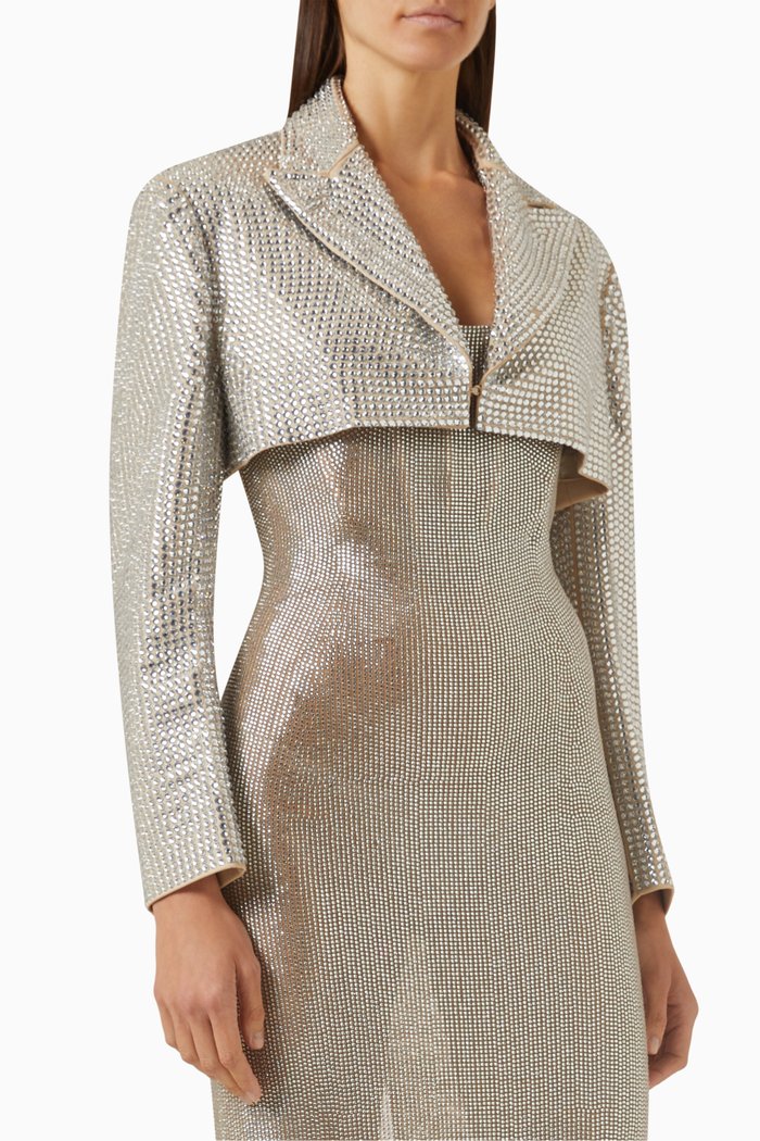 

All-over Rhinestone Cropped Jacket, Silver