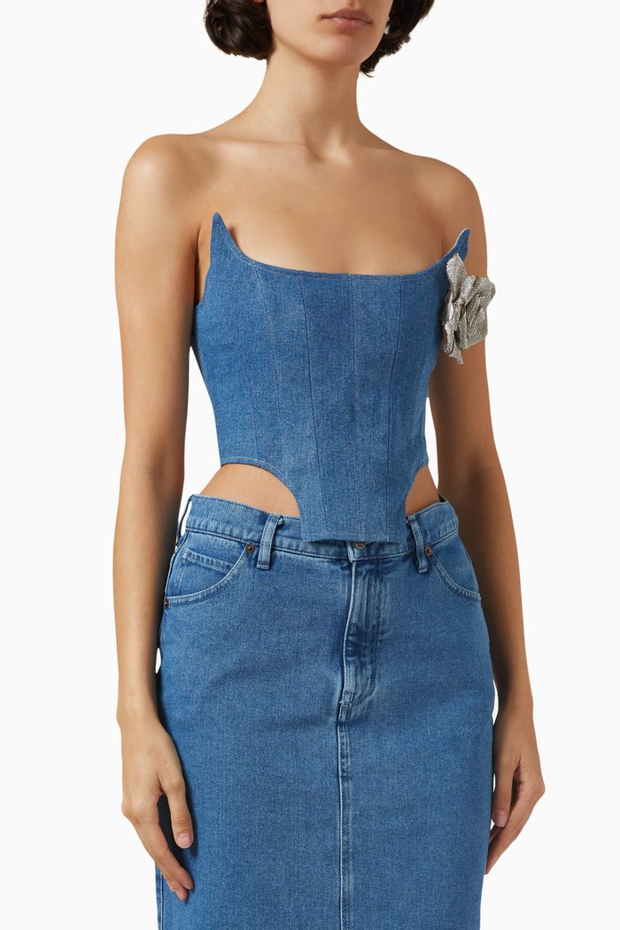 Rhinestone-embellished Flower Brooch Top in Denim, Blue