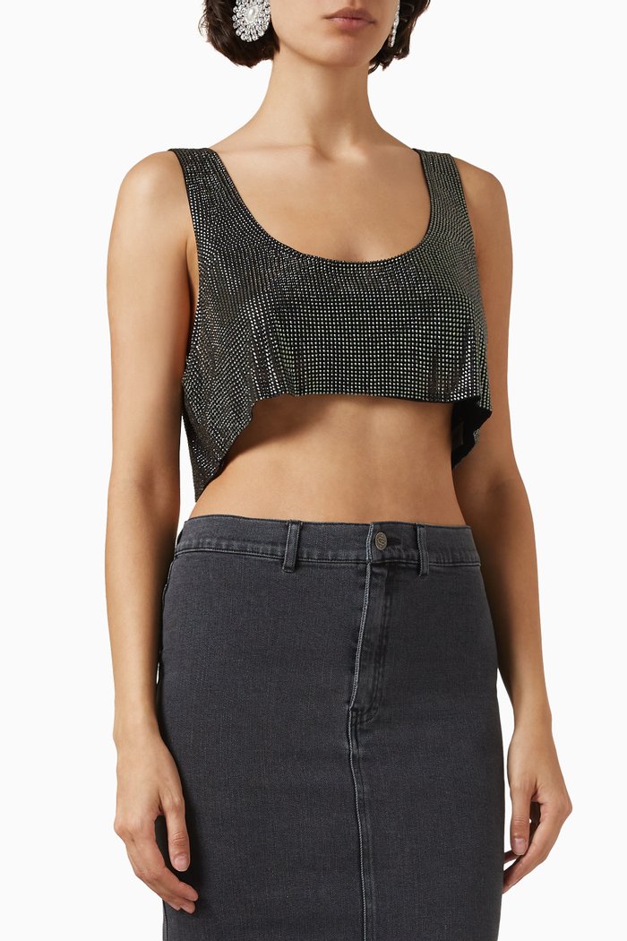 

Rhinestone-embellished Crop Tank Top, Black