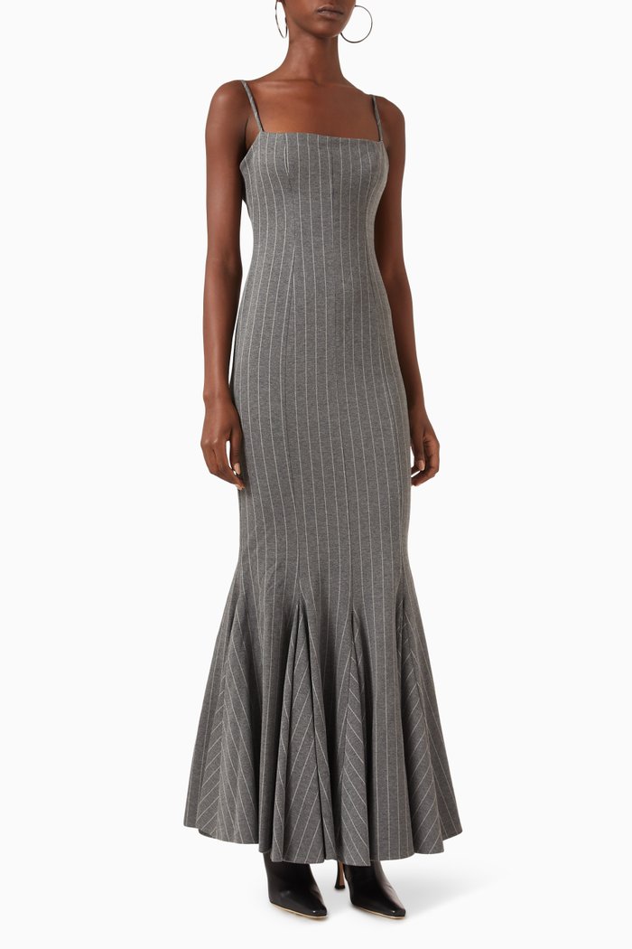 

Pinstripe Flared Maxi Dress in Jersey, Grey