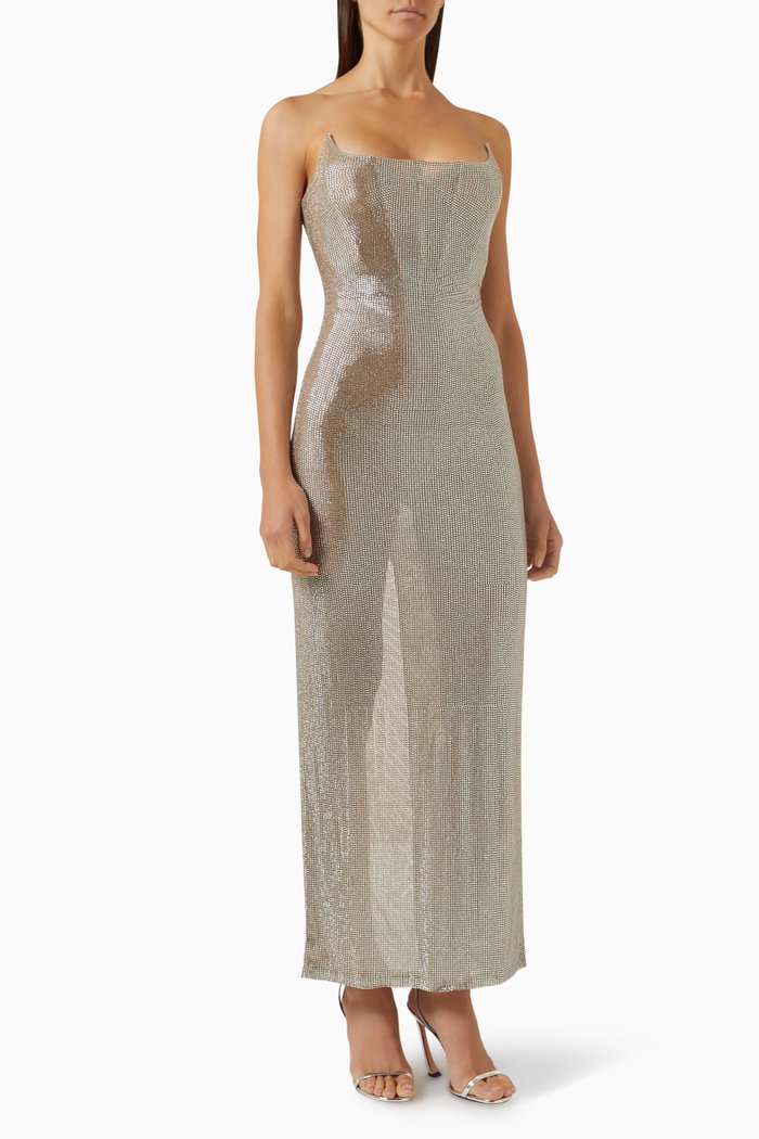 

Crystal-embellished Bustier Midi Dress, Silver