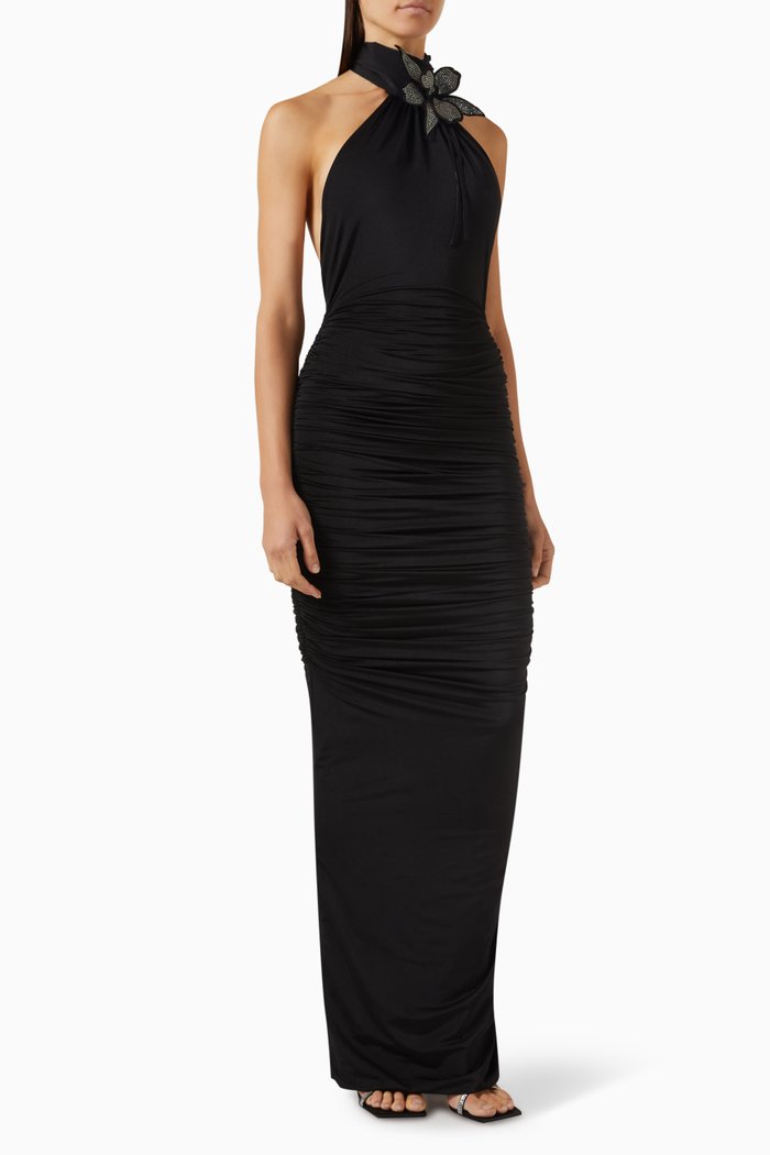 

Floral Halter Maxi Dress in Jersey, Black