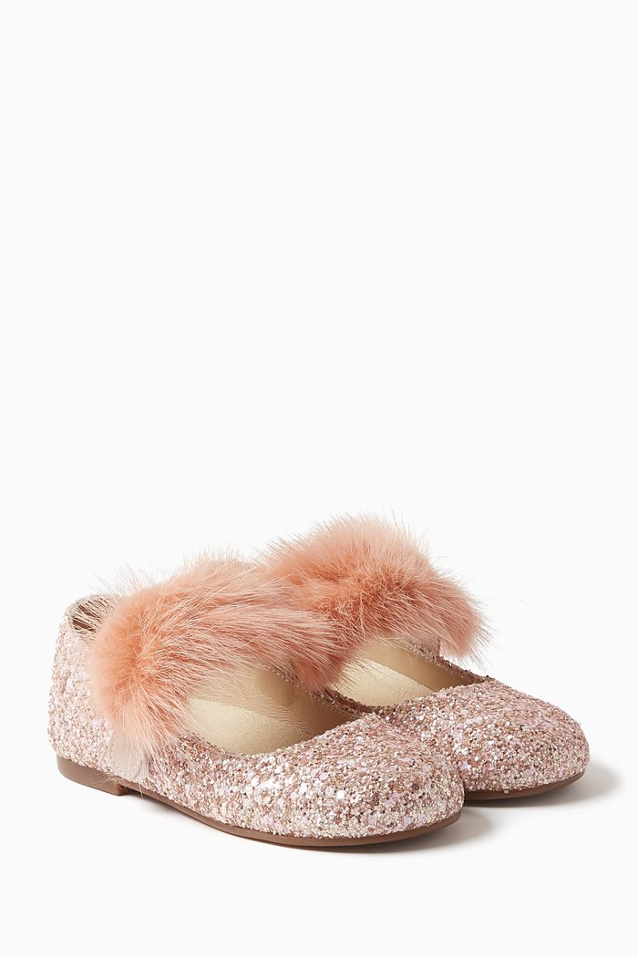 

Fur-embellishment Glitter Ballerina Shoes, Pink