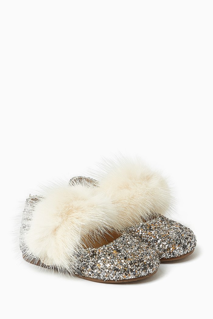 

Fur-embellishment Glitter Ballerina Shoes, Neutral
