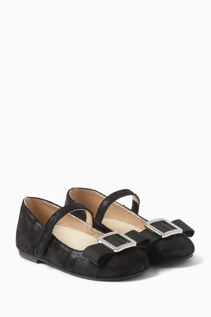 

Crystal Buckle Ballerina Shoes in Leather, Black