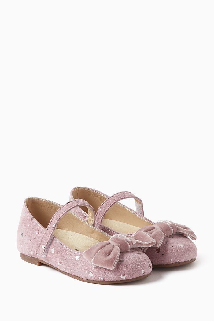 

Hearts-motif Bow Ballerina Shoes in Leather, Pink