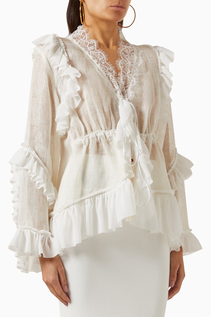 

Ruffle Trim Top in Linen-lace, Neutral
