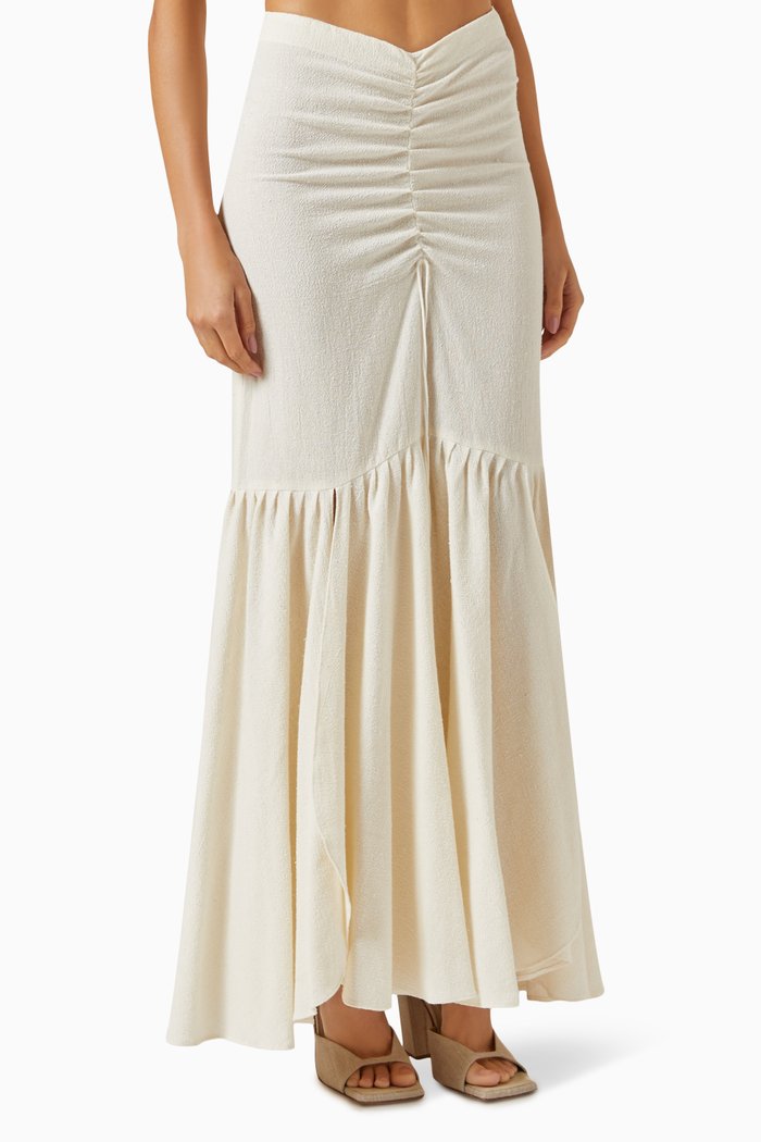 

Front Ruched Maxi Skirt in Cotton, Neutral