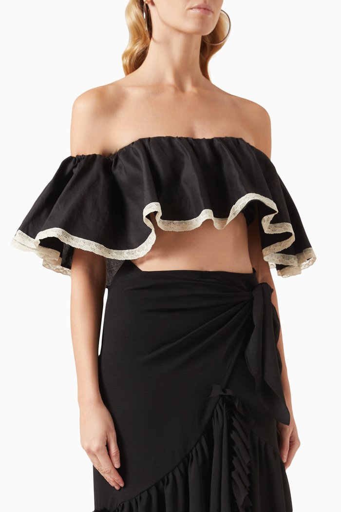 

Lace Trim Off-shoulder Top in Linen, Black