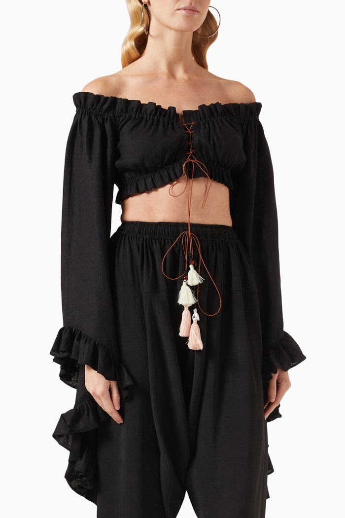 Ruffle Off-shoulder Top in Linen, Black