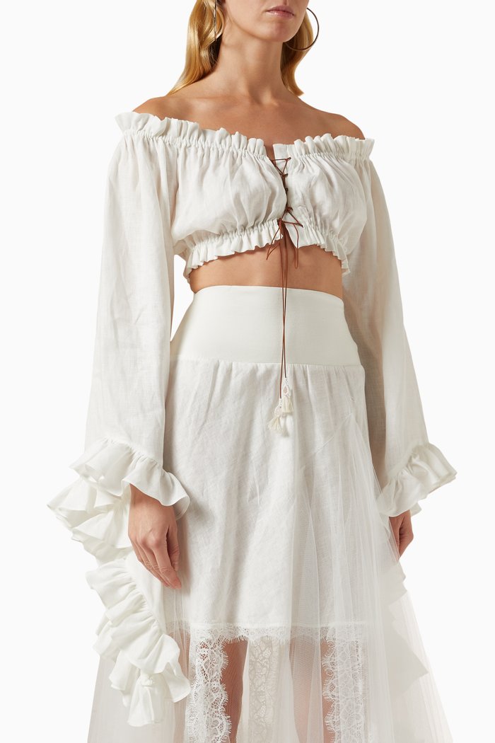 

Ruffle Off-shoulder Top in Linen, Neutral