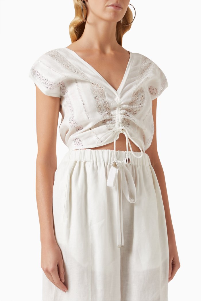 

Ruched Drawstring Top in Linen, Neutral