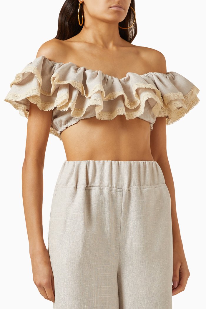 

Lace-trim Off-shoulder Top in Linen, Multicolour