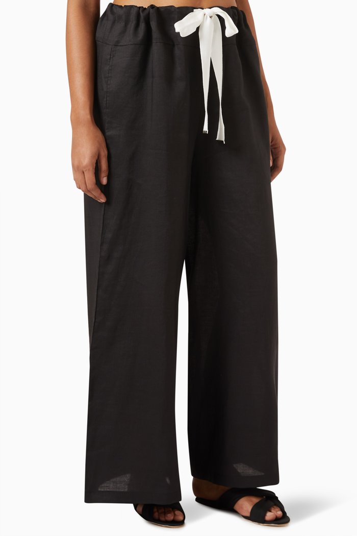Lace-trim Pants in Linen, Black