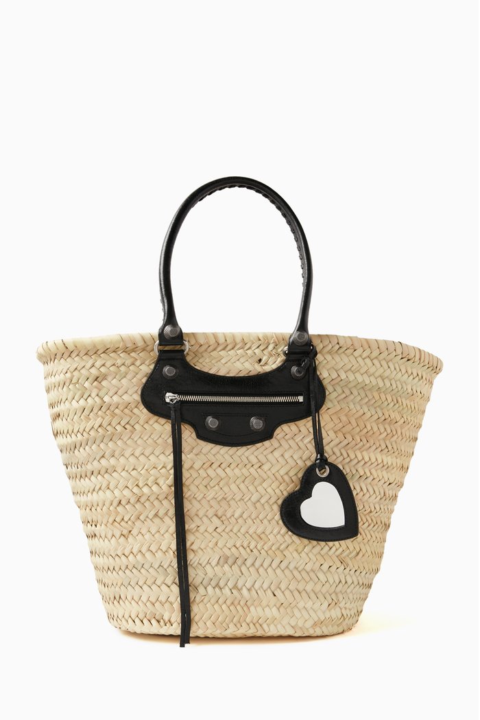 Le Cagole Large Basket in Woven Palm Tree Leaves & Arena Lambskin, Neutral