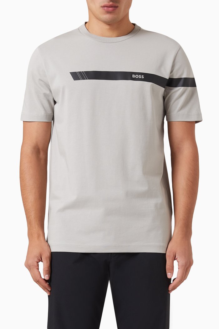 Stripe & Logo Print T-shirt in Cotton Stretch, Grey