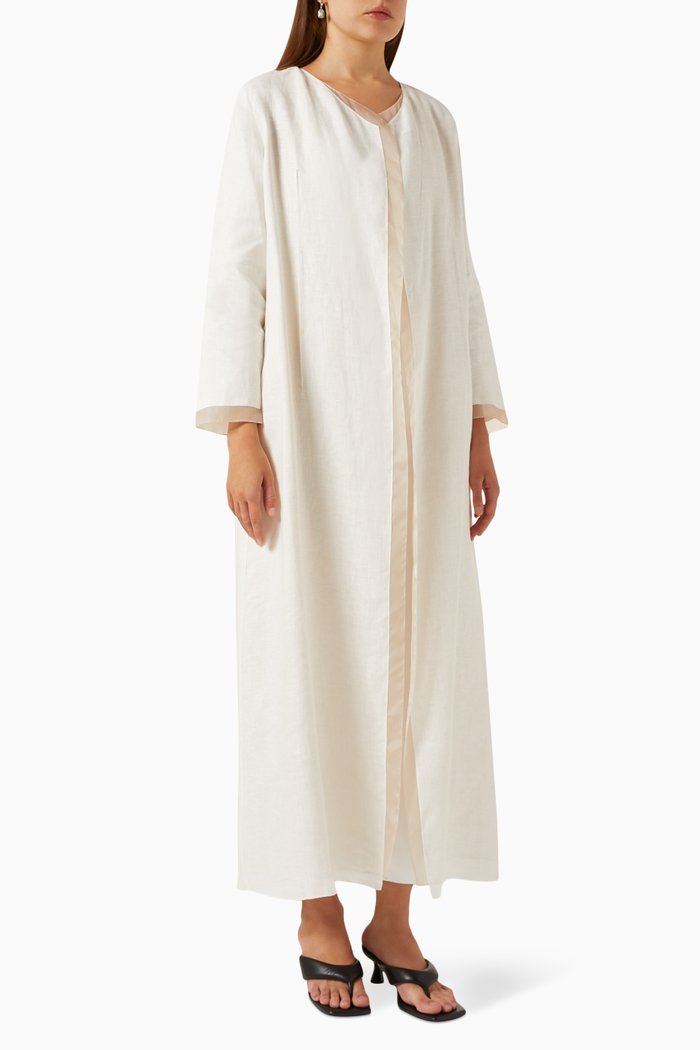 

Contrast Trim Abaya in Linen & Silk-organza, White