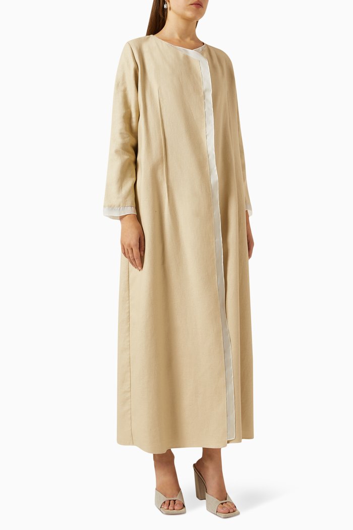 

Contrast Trim Abaya in Linen & Silk-organza, Neutral