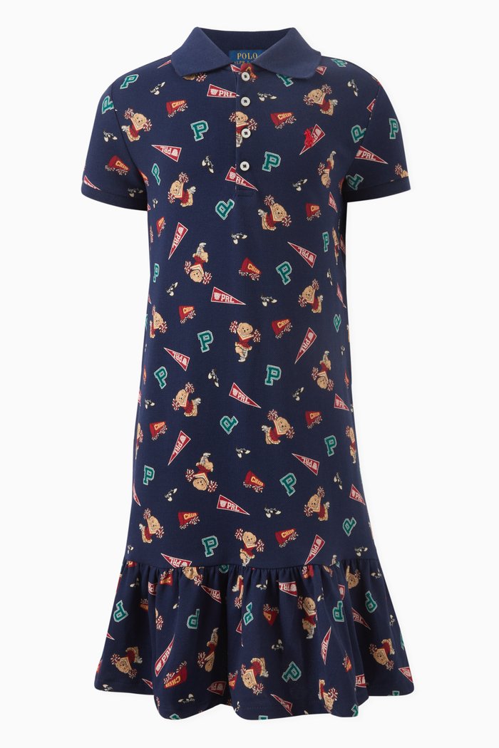 

Varsity Printed Day Dress in Cotton, Black