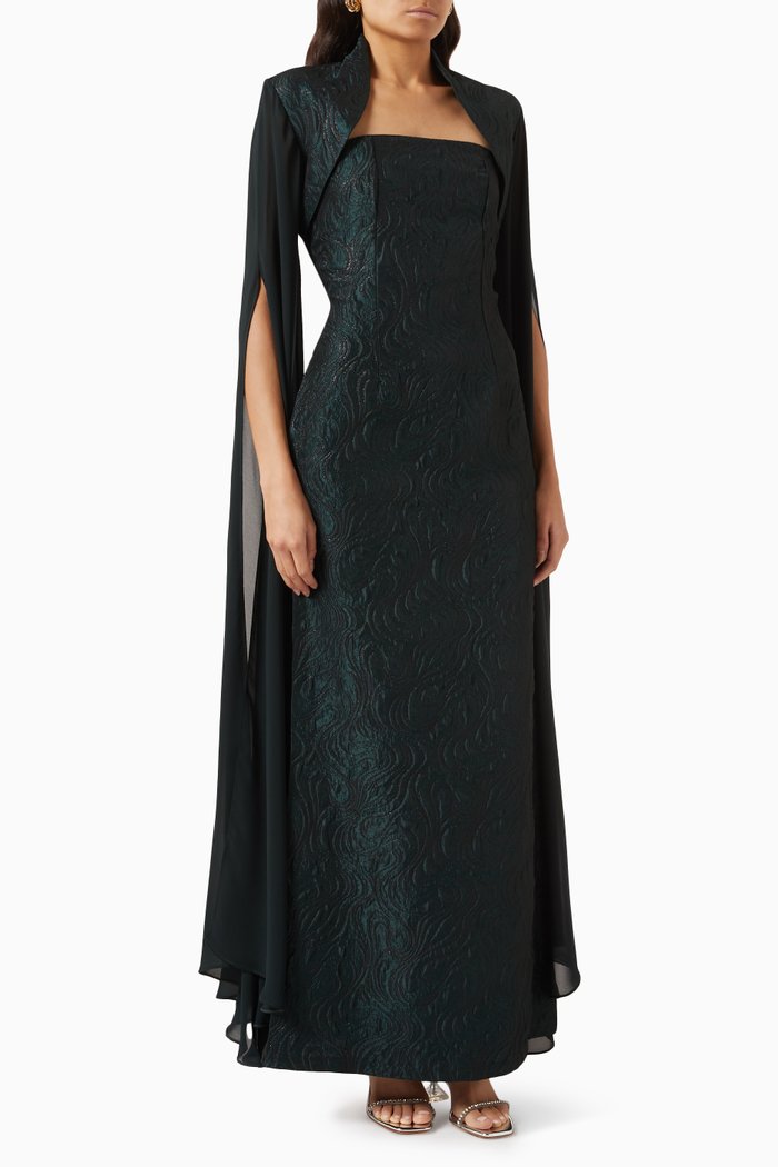 

Strapless Maxi Dress with Bolero in Jacquard, Green