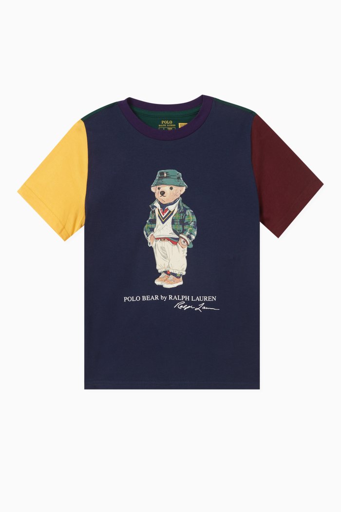 

Colour-block Bear Printed T-shirt in Cotton, Blue