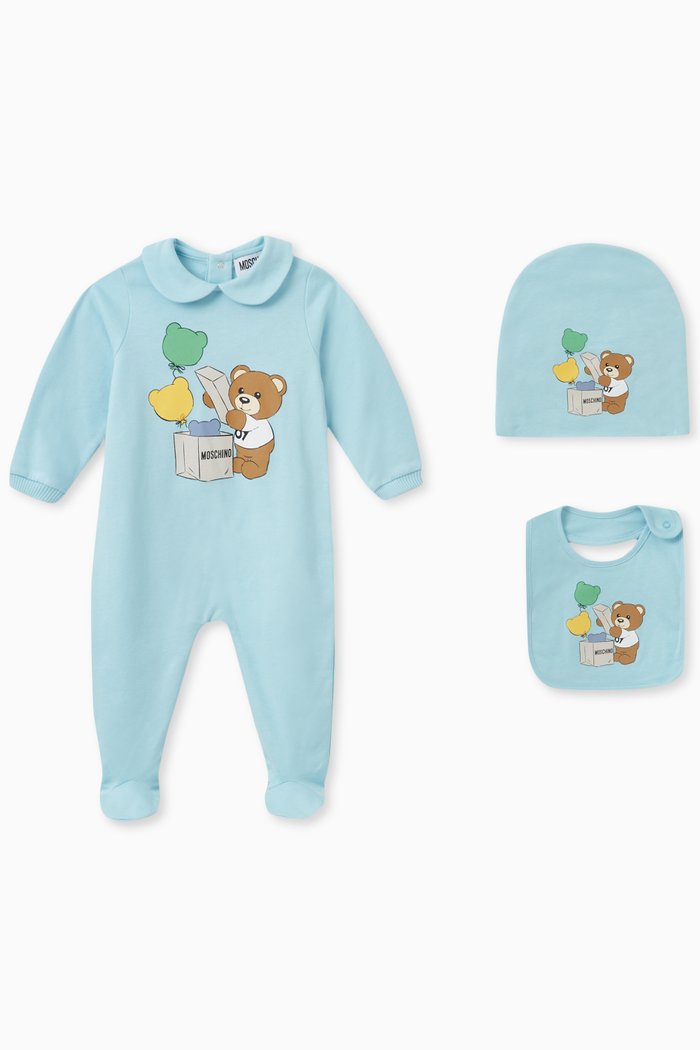 

Teddy Balloons Romper, Hat & Bib Set in Cotton Jersey, Blue