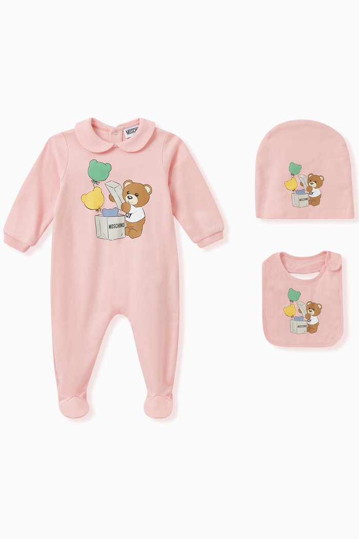 

Teddy Balloons Romper, Hat & Bib Set in Cotton Jersey, Pink
