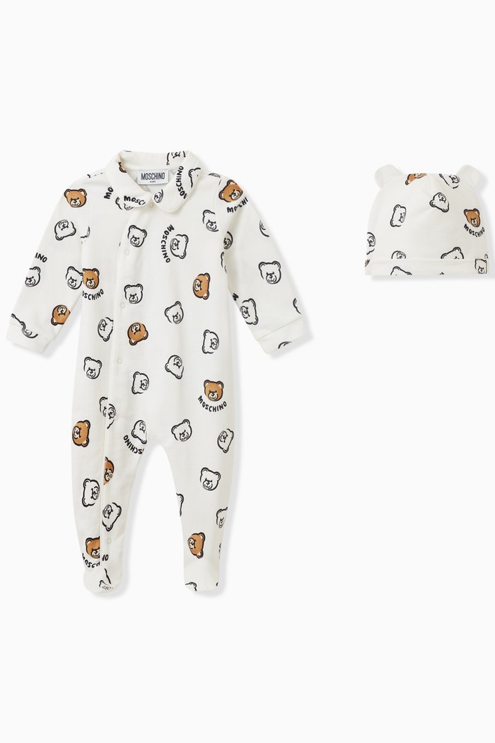 

All-over Teddy Bear Romper & Hat Set in Organic Cotton Fleece, Neutral