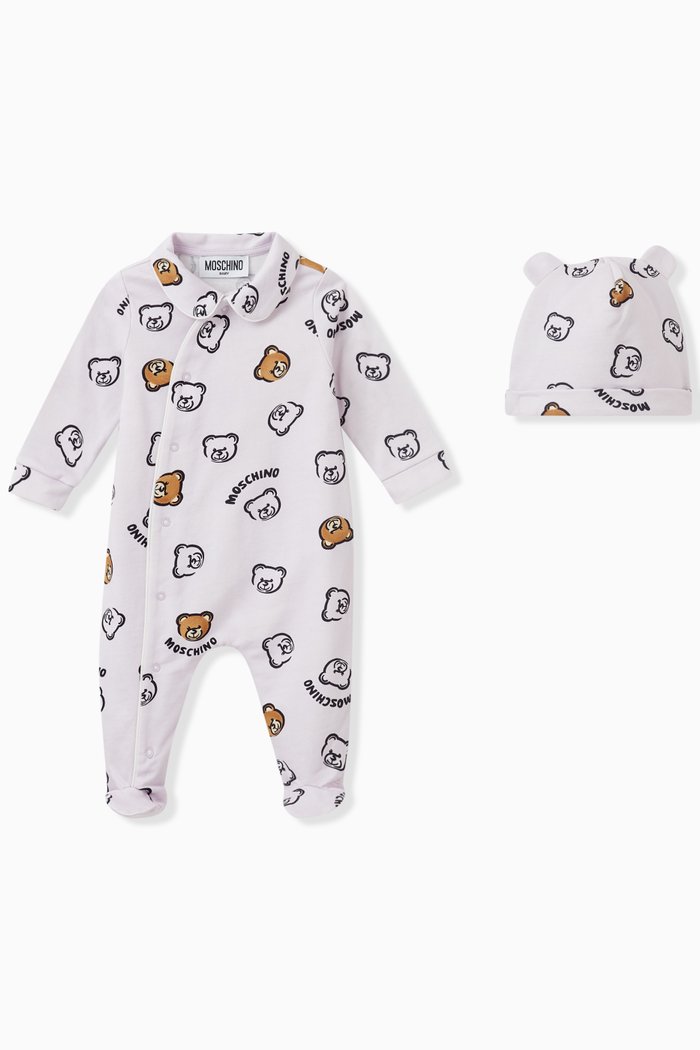 

All-over Teddy Bear Romper & Hat Set in Organic Cotton Fleece, Purple