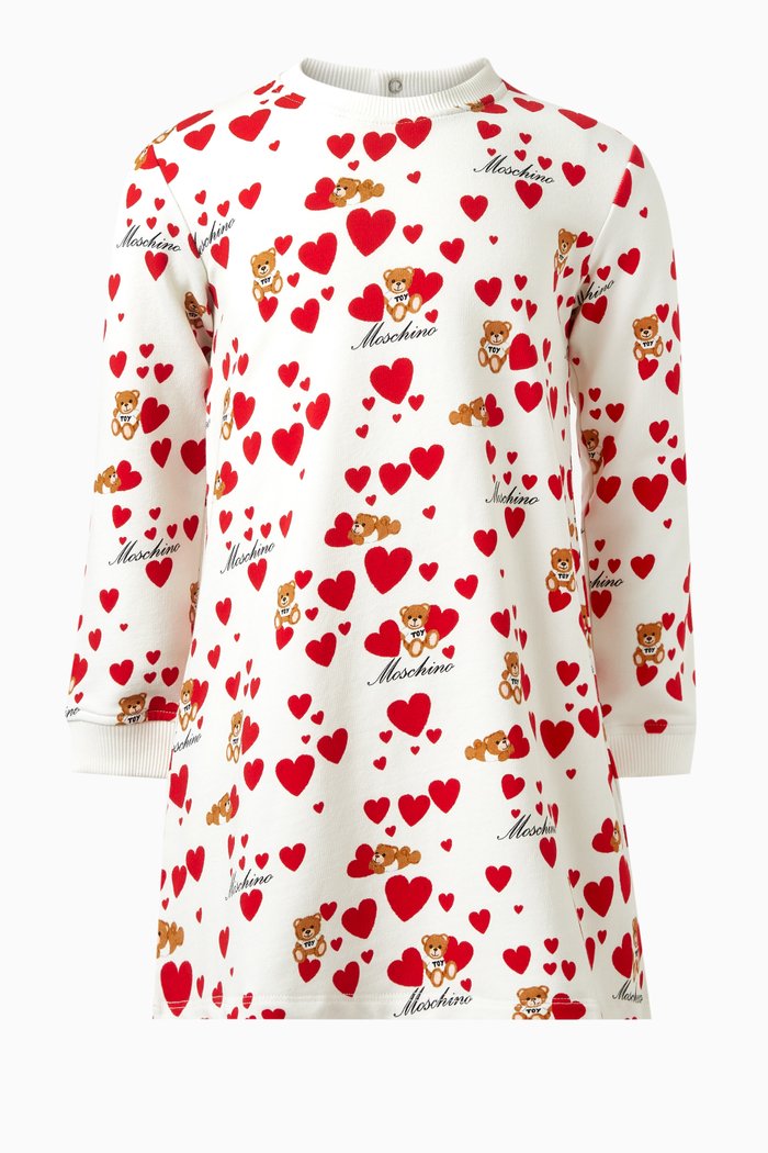 

Heart and Teddy Print Dress in Cotton, Neutral