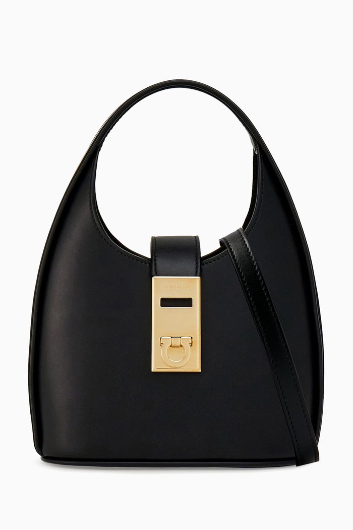 

Mini Gancini Hobo Bag in Leather, Black