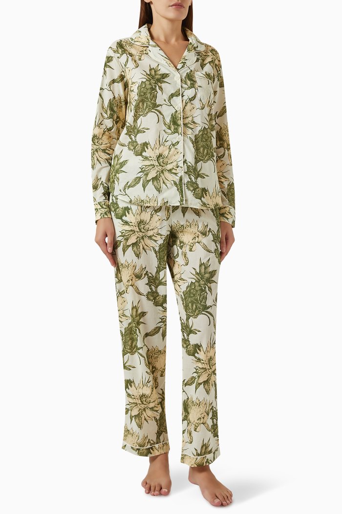 Night Bloom-print Long Pyjama Set in Cotton, Green